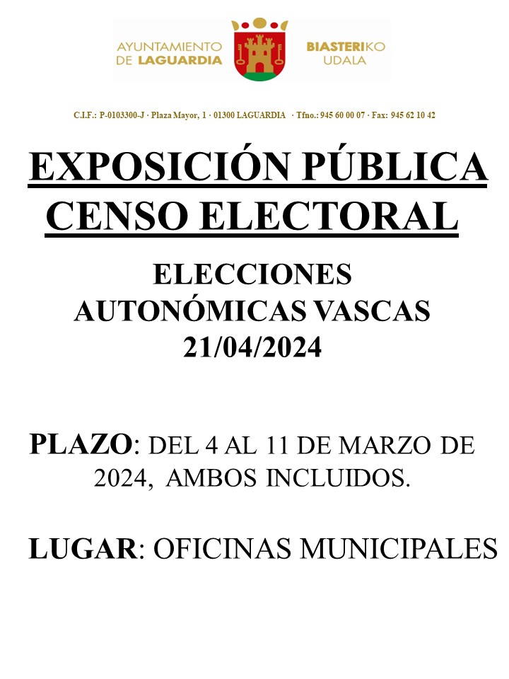 EXPOSICION CENSO ELECTORAL ELECCIONES AUTONÓMICAS VASCAS ABRIL 2024