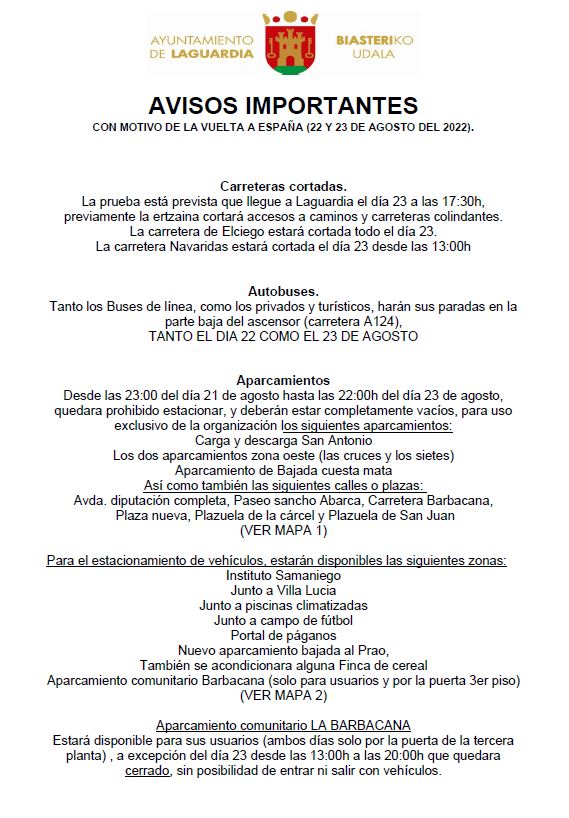 AVISOS IMPORTANTES VUELTA