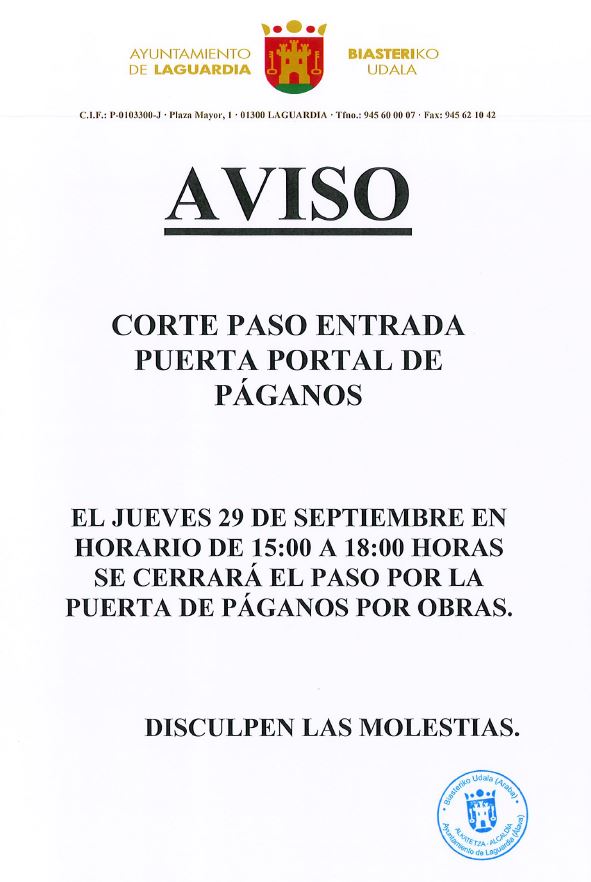 aviso corte paso puerta portal paganos